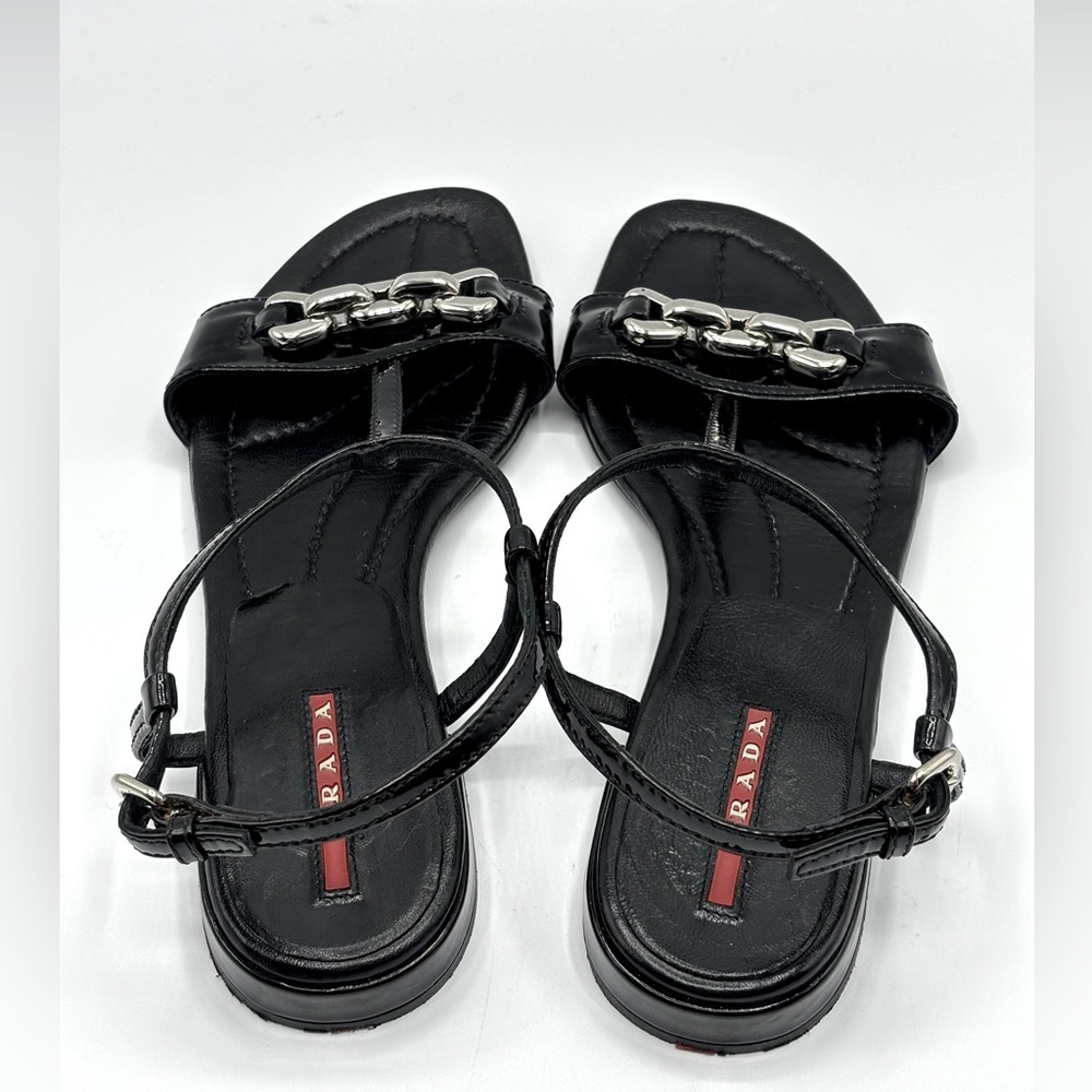 PRADA‎ Black Patent Leather Sandals with Silver Block Chain Detail - Picture 8 of 10